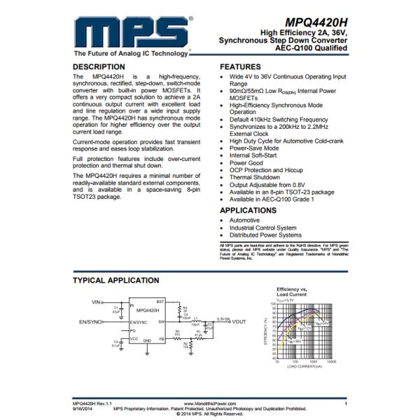 MPQ4420HGJ-AEC1-Z Buck Switching Regulator IC Positive Adjustable 0.8V 1 Output 2A SOT-23-8