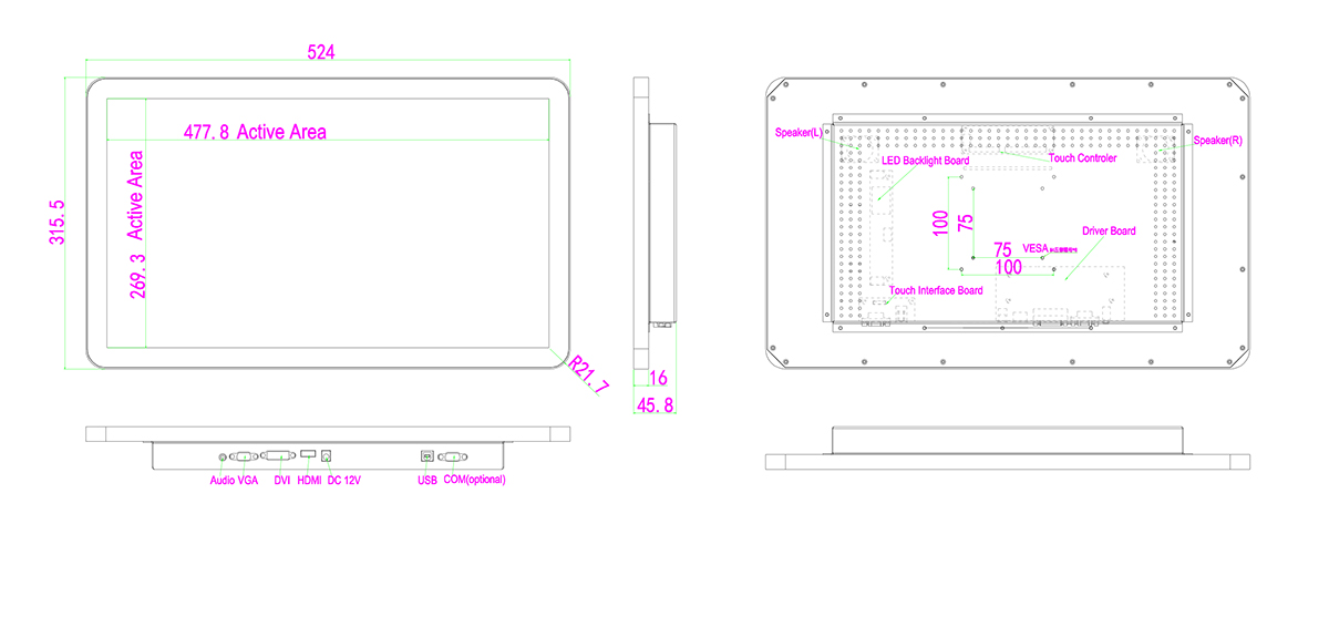 Intel Processor 250 nits Open Frame Touch Screen Monitor