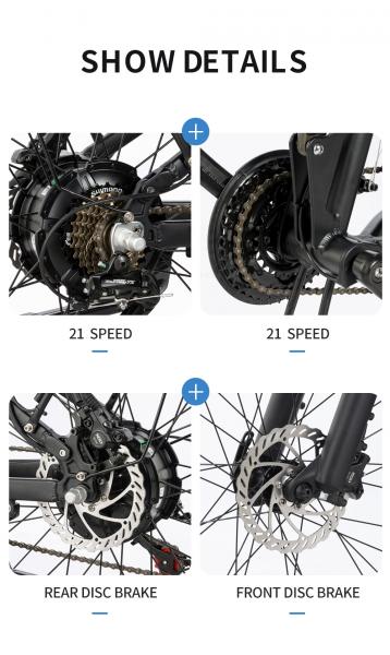 Fashion Mid Motor 1000 Watt Folding Fat Tire Electric Bike 21 Speed Gears