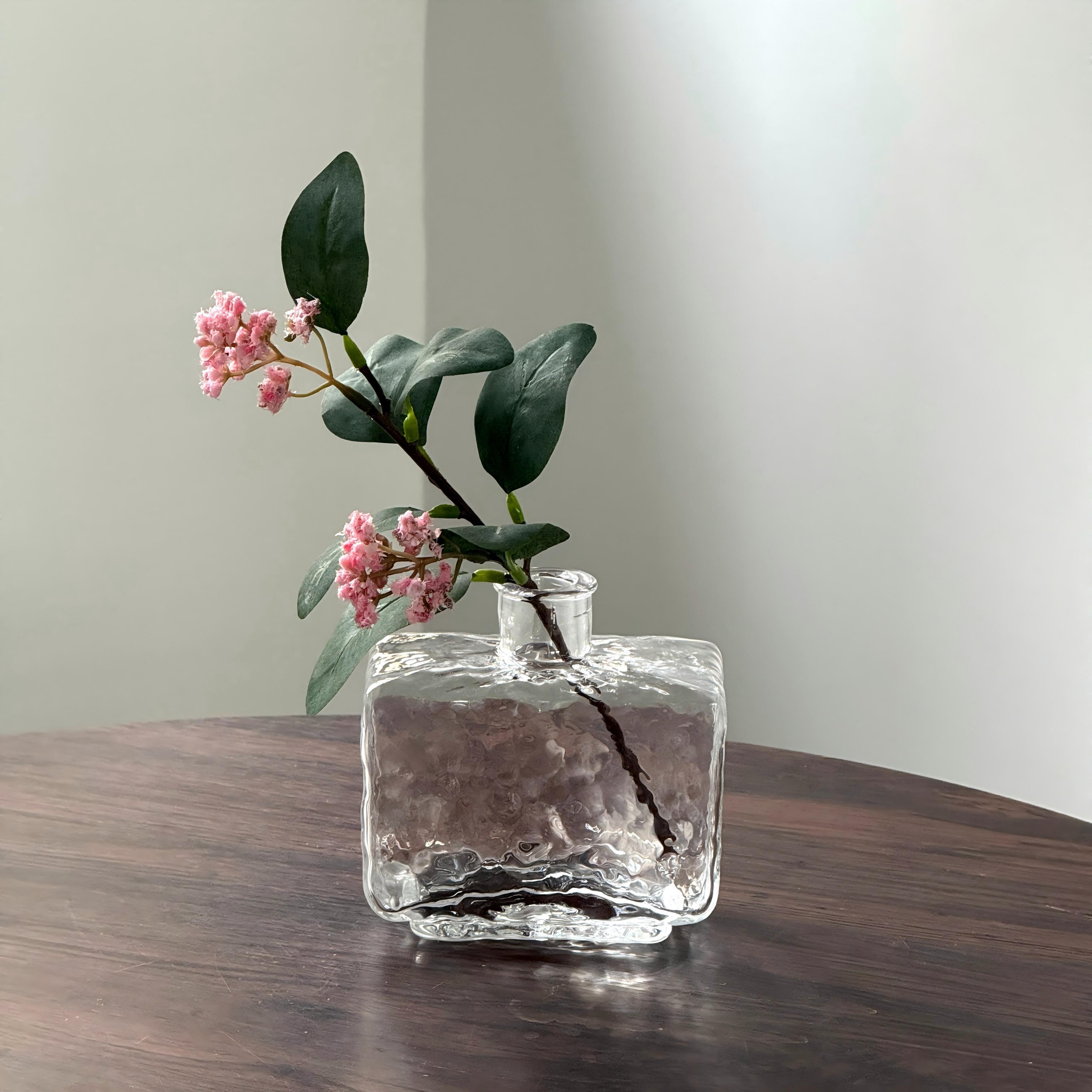 Rectangular Clear Hammered Glass Vase - Modern Minimalist Decorative Flower Vase for Table Centerpiece