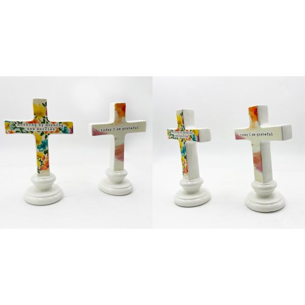 Solid Ceramic Material Crafts Standing Sculpture For Table Altar Ornament Cross With Words
