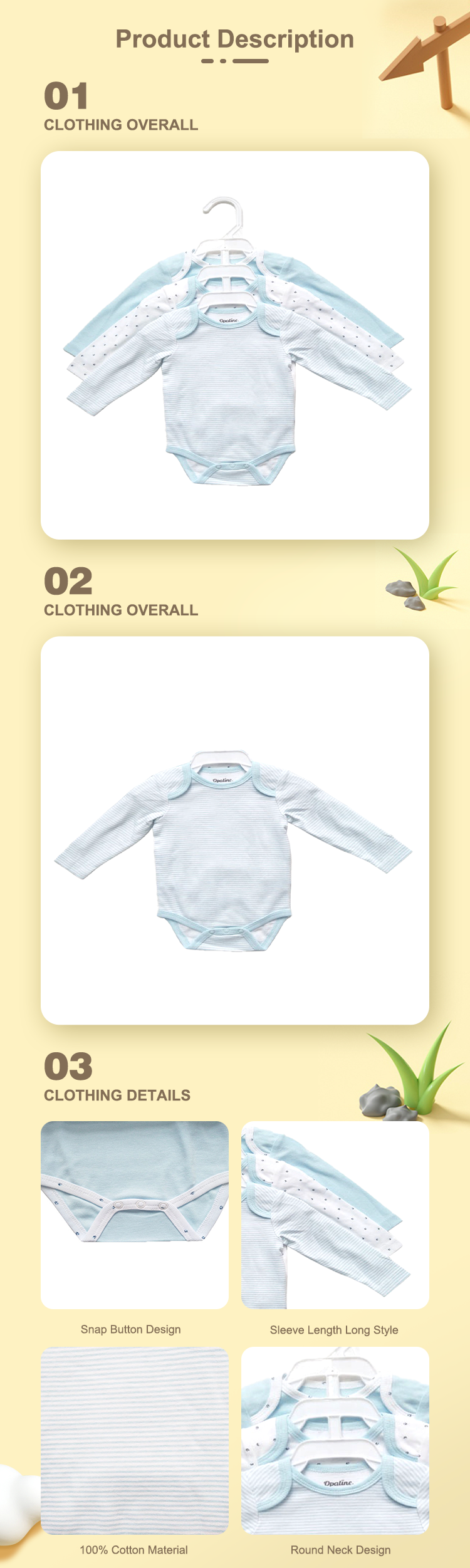 Snap Button Closure 100% Cotton Baby Rompers for in Autumn Long Sleeve and 0-3 Months