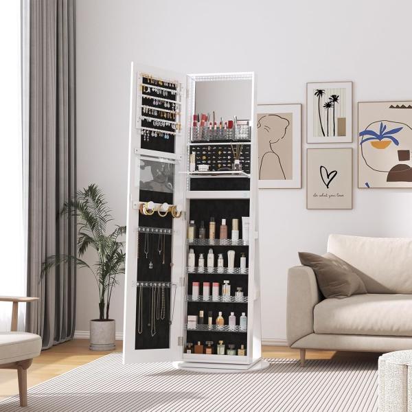 LED Full Length Mirror Jewelry Cabinet Dimmable Standing Mirror Jewelry Box Lockable