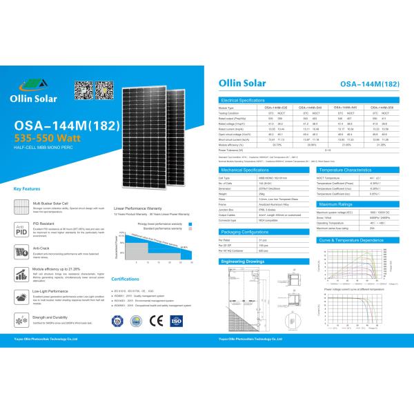 36V Waterproof Monocrystalline Solar Power Panel 540W 545W 550W