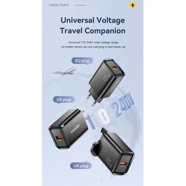 45W QC3.0 5V 3A ESSAGER ES-CD60 Super Fast Charging USB Wall Charger for Travel and Phone Flash