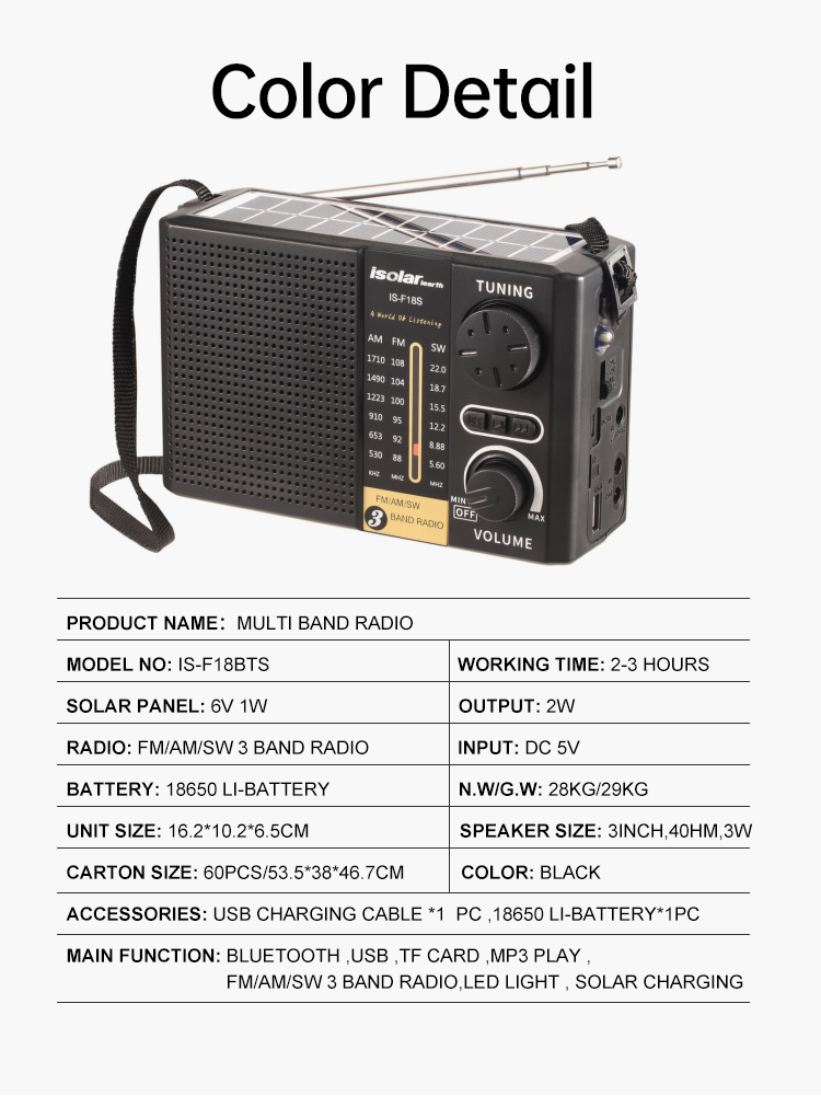 Outdoor Solar Camping Radio Multifunctional AM FM SW Usb Radio With Bright Torch BT Speaker