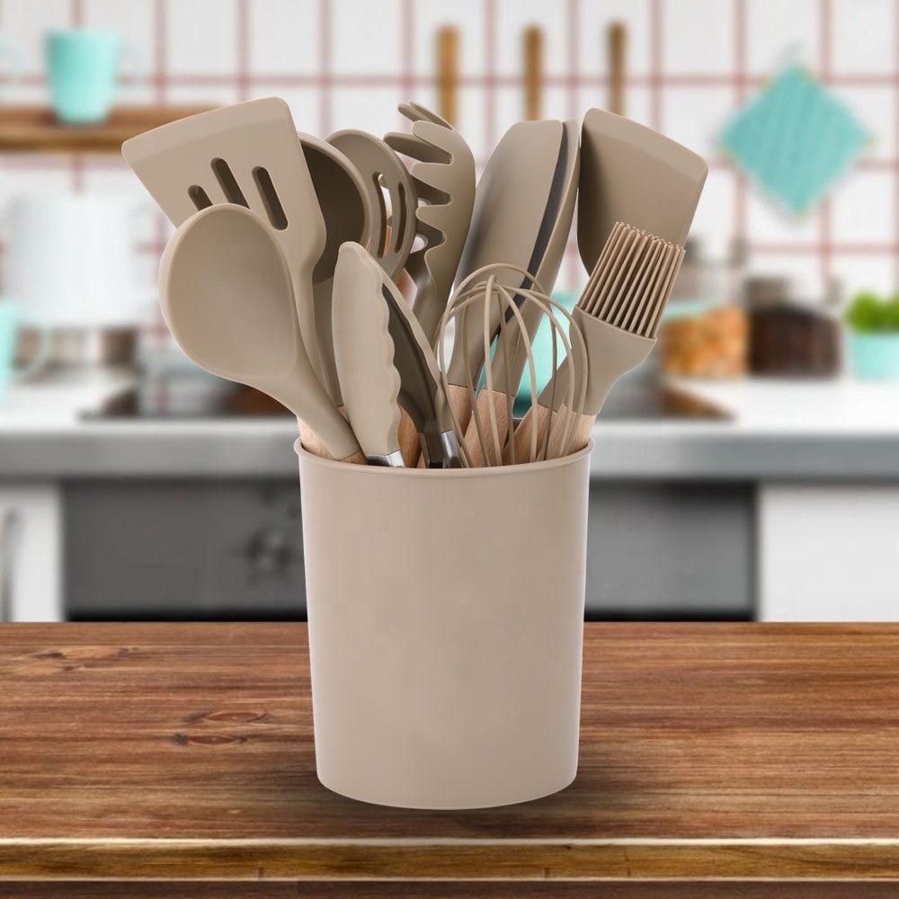 Silk Printing or Debossed Logo 12PCS Silicone Kitchen Utensils Set with Plastic Holder