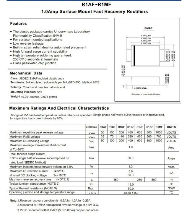 1.0A RS1af Thru RS1mf Surface Mount Fast Recovery Rectifier Diode Smaf Package