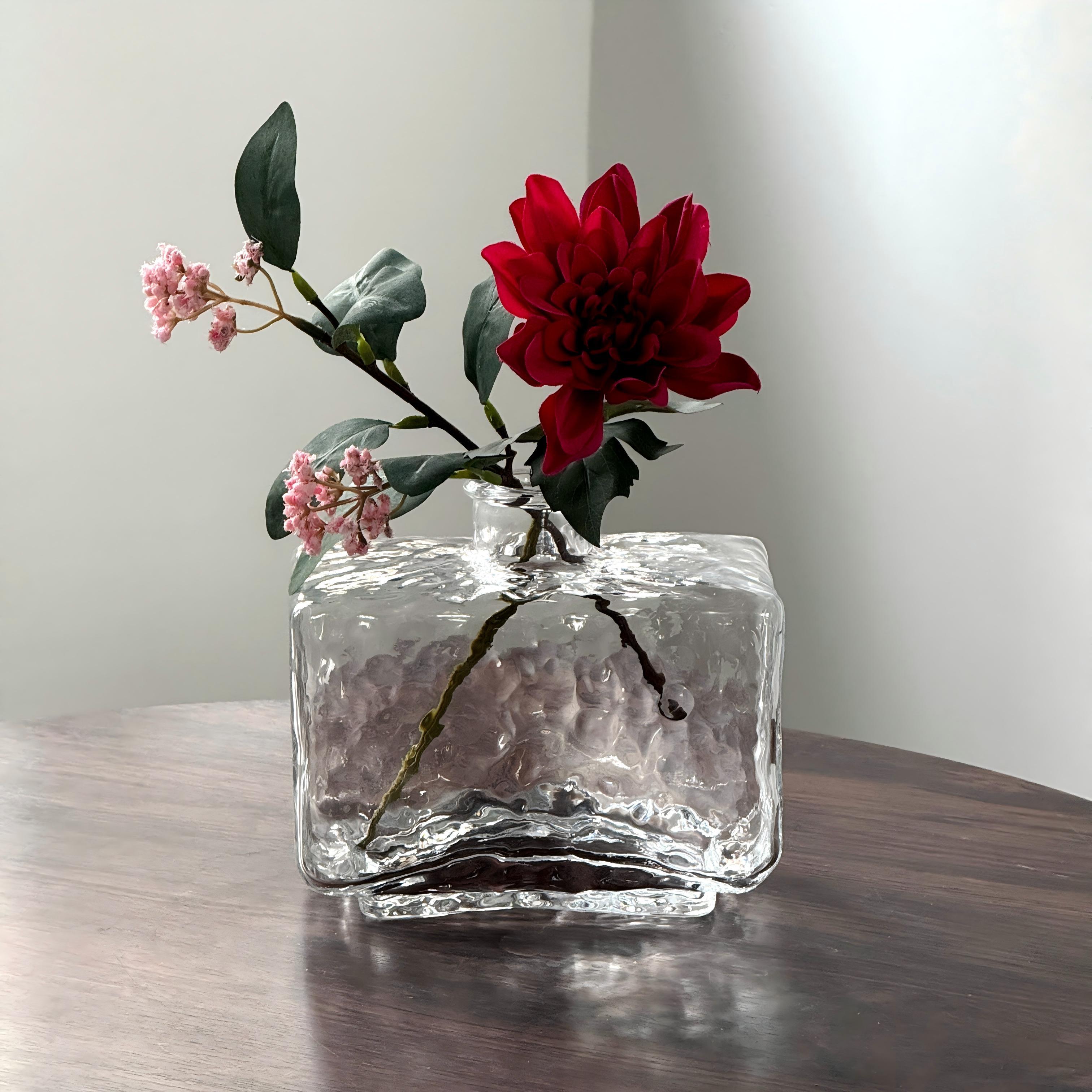 Rectangular Clear Hammered Glass Vase - Modern Minimalist Decorative Flower Vase for Table Centerpiece