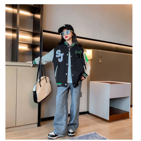 Splicing Printing Thick Patchwork Baseball Jacket Outerwear For Girls Ages 4-16