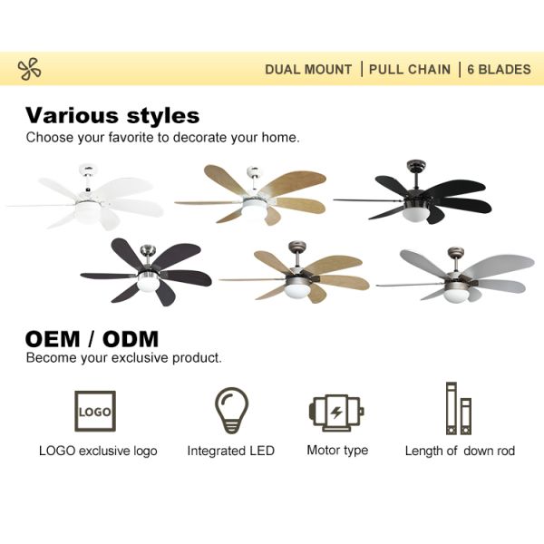 Wall Control 42 Inch LED Ceiling Fan With 6 Black MDF Blades Pull Chain Style AC Motor