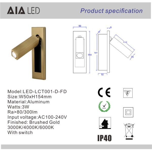 Rotating Recessed mounted bed sides light 3W led bed lighting reading light bed head wall lamp