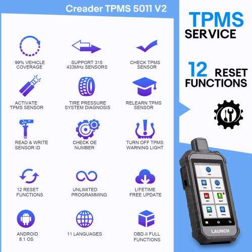 2025 LAUNCH Creader TPMS 5011 V2 TPMS Activation Diagnostic Tool WIFI Upgrade 12 Reset Functions Activate 315/433MHZ & 2.4Ghz Tire Pressure Sensors