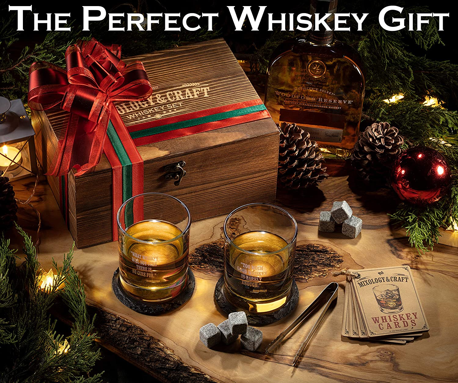 Luxury Wooden Cocktail Box Kit Thanksgiving Whiskey Glass And Stone Set