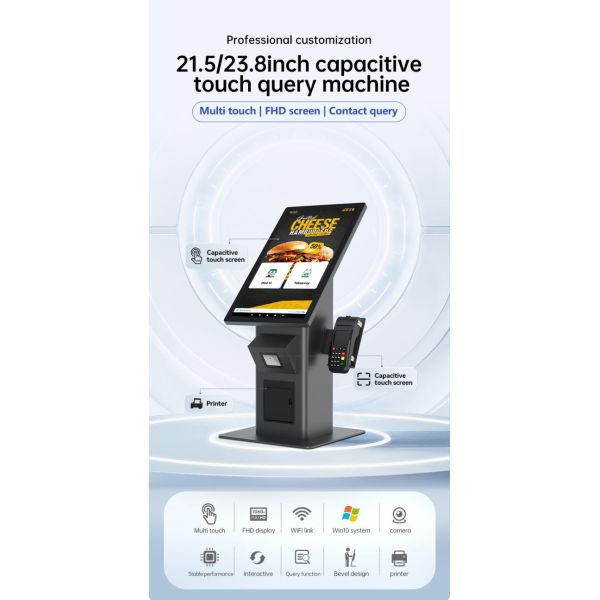 Windows 23.6 Inch Touch Screen Restaurant Self Ordering Kiosk Payment Order Gift Card Kiosk for Restaurant with Printer Scanner