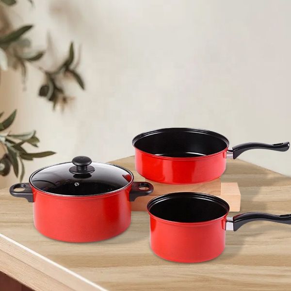 Multifunction Red 4 Pcs Kitchen Cast Iron Cookware Set Non Stick With Bakelite Handle