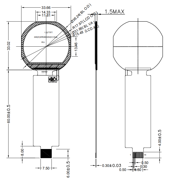 Small Circular LCD Display , Round LCD Module Spi MCU Interface 1.22 Inch