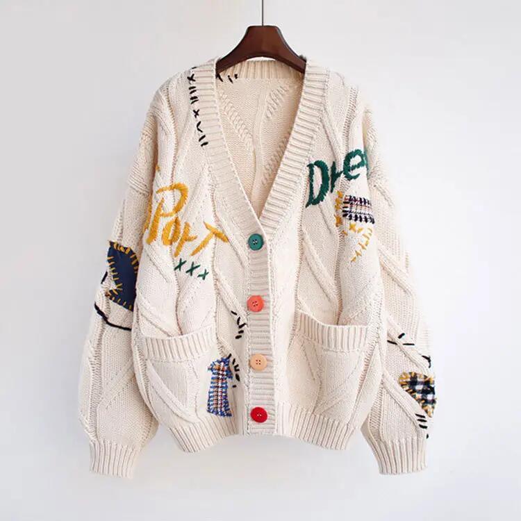 Designer Women Chunky Sweater Cardigan Autumn Winter Drop Shoulder Button Front Embroidery Loose Knit Cardigan Sweater Coat