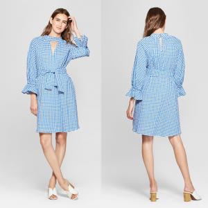 China 2018 New Design Ladies Long Blouson Sleeve Blue and White Gingham Dress with Belt wholesale