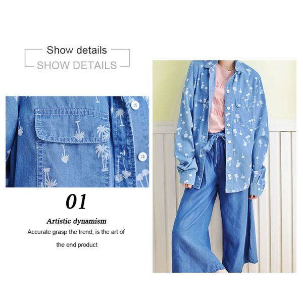 100% Cotton Chambray Long Sleeves Shirt , Loose Fit Blouses For Young Ladies