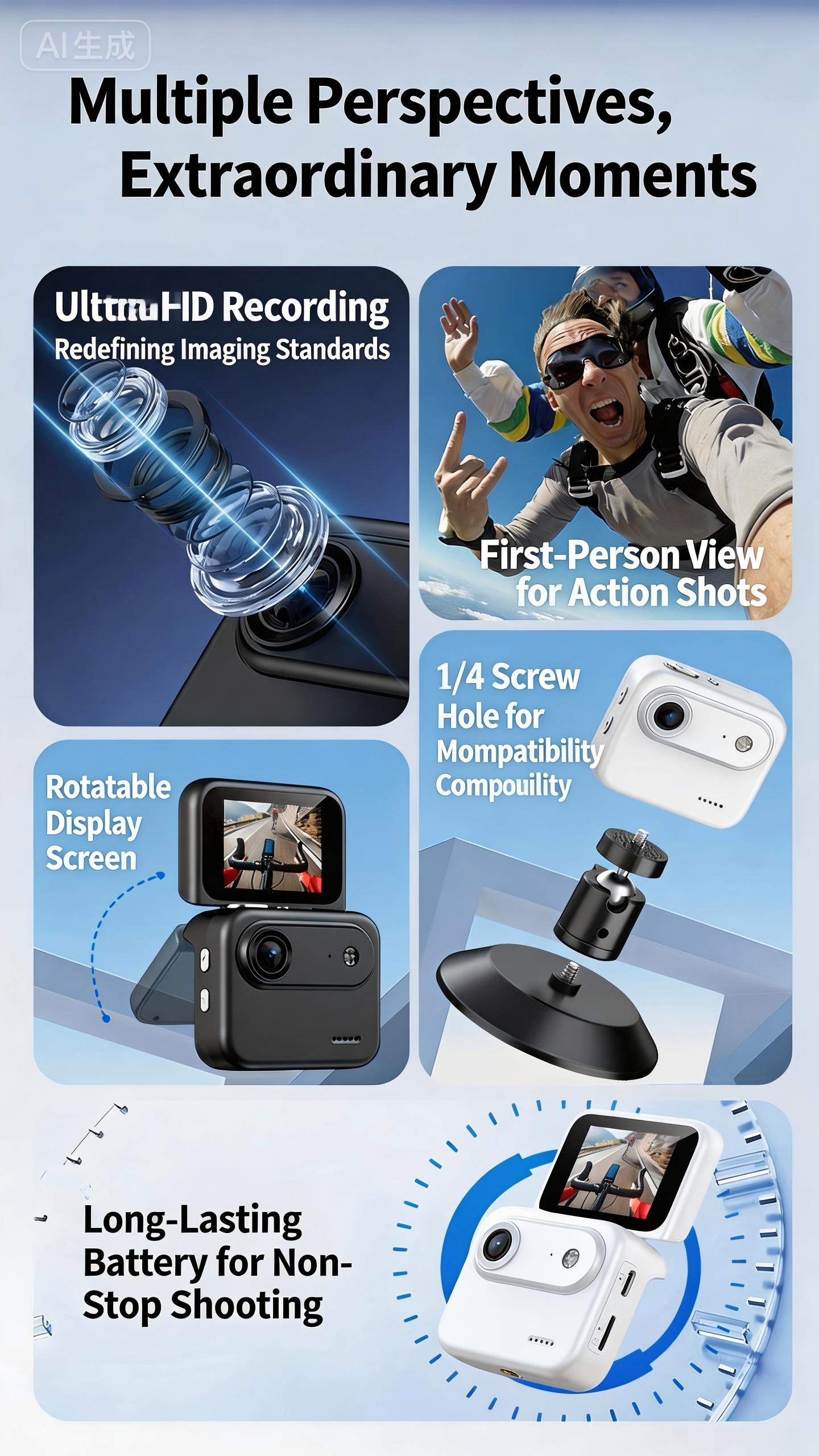 DLC Action Camera 4K 143° Wide Angle Reversible Screen Long Battery Life Fast Charging Y360 Sports Camcorder