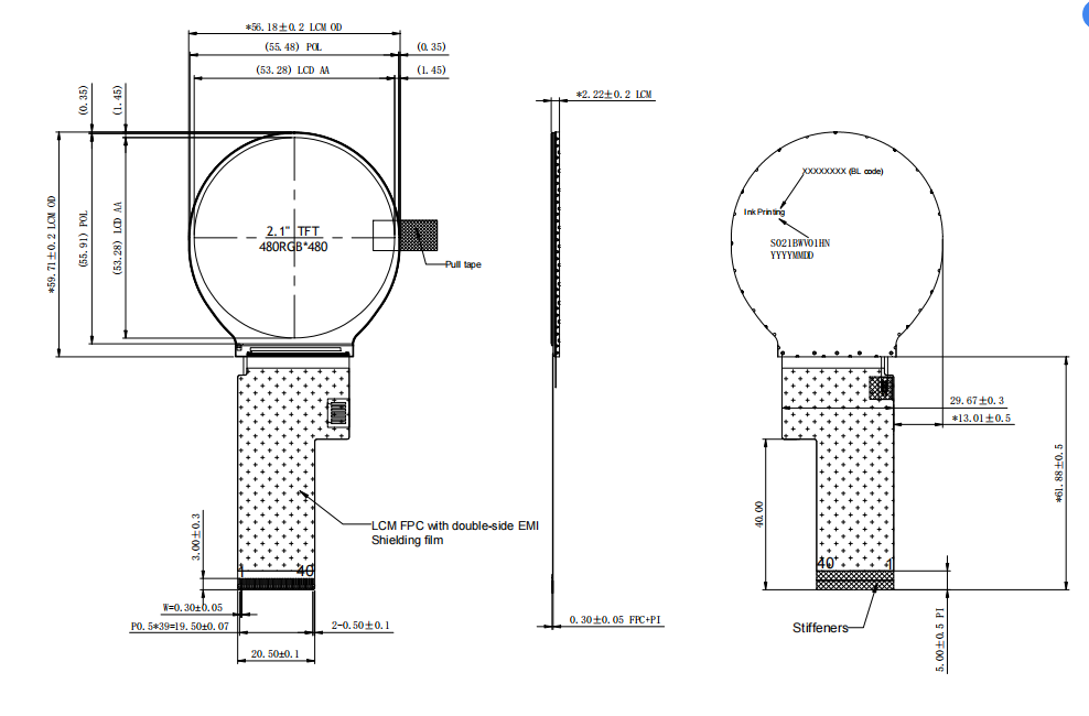 2.1'' TFT Round LCD Display Module 480*480 500cd/m2
