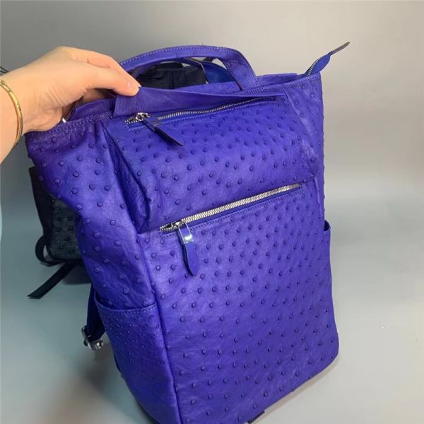 Casual Style Authentic Real True Ostrich Skin Men's Large Blue Travel Backpack Genuine Leather Male Top-handle Bag Pack