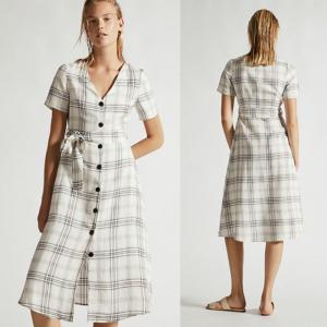 China Summer Clothing Women V Neck Midi Checked Linen Dress wholesale