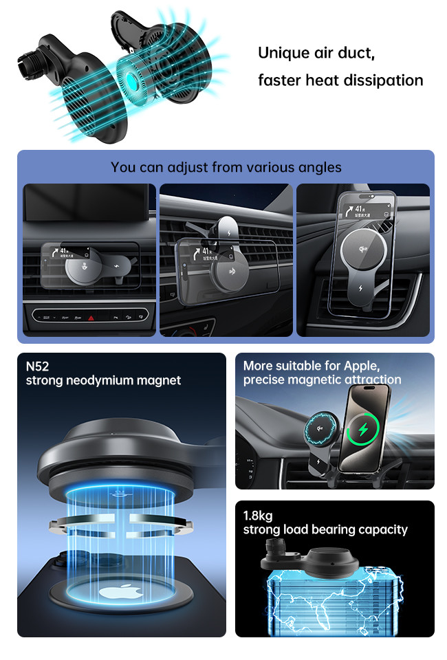 Ultra Thin Fan Cooling Magsafe Wireless Car Charger Q2 Customizable