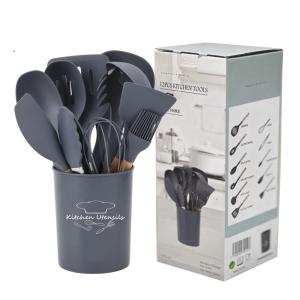China Silk Printing or Debossed Logo 12PCS Silicone Kitchen Utensils Set with Plastic Holder wholesale