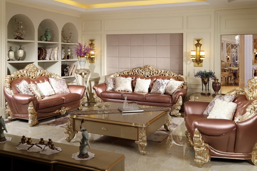 French style Luxury design of Living room Sofa sets 1+2+3 used Beech wood Carving and Import Italy Leather Furniture