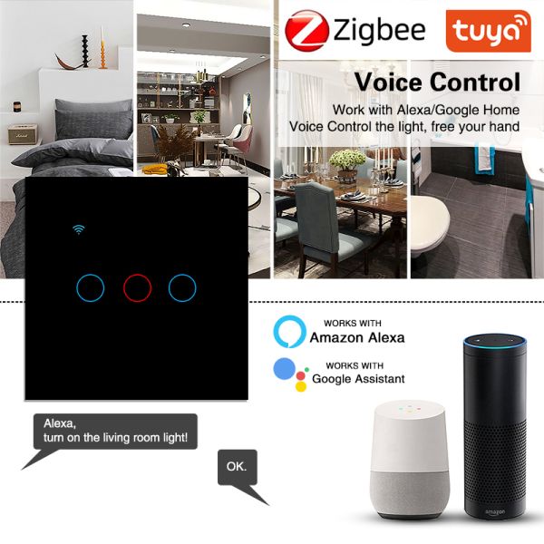 UBARO Tuya Zigbee Smart Switch Support Voice Activated Wall 3 Gang 10A Black App/Touch Control Timing Sharing
