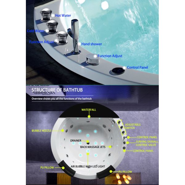 60 X 42 72" 2 Person Drop In Whirlpool Tub With Heater Two Pillow Jacuzzi