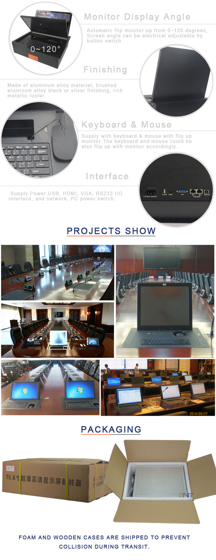 Conference Table Mount Retractable LCD Monitor Motorized Flip up Tuner/Flip up Lift With Conference System