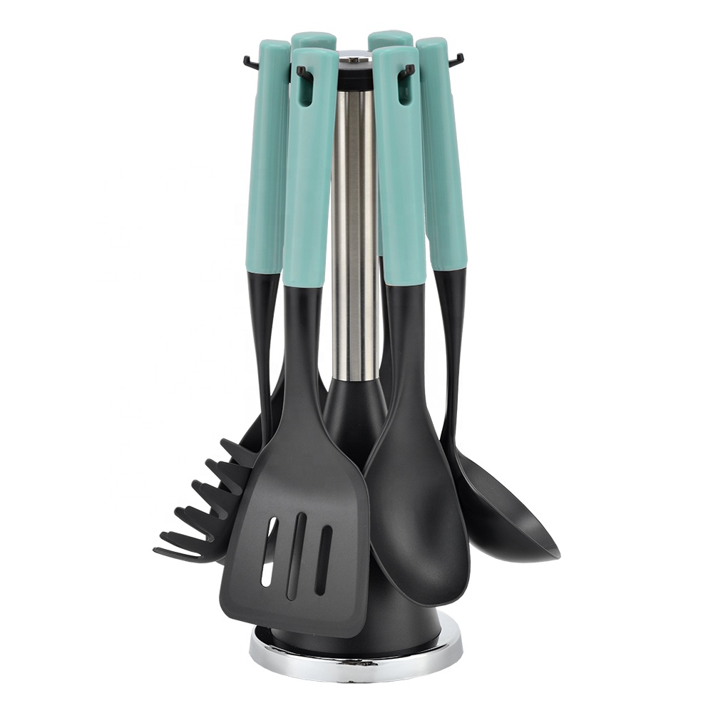 7-Piece Plastic Kitchen Utensils Set with Colorful Handle ABS and Wooden Effect Material