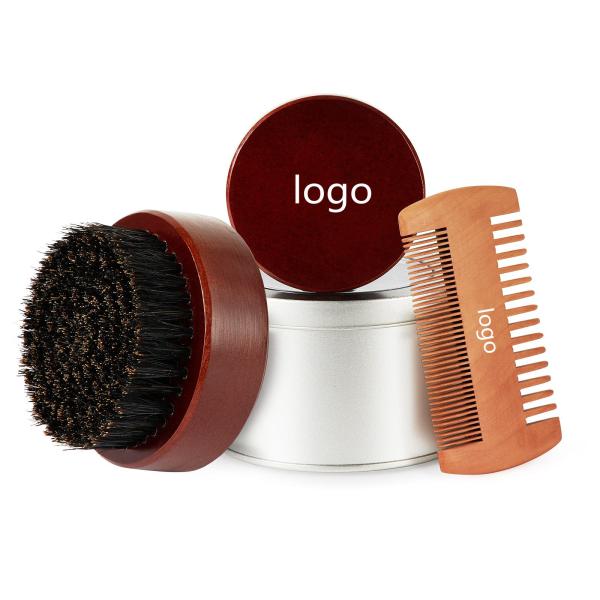 Quality Beechwood Brown Round Beard Brush Customize Logo Beard Comb Kit for sale