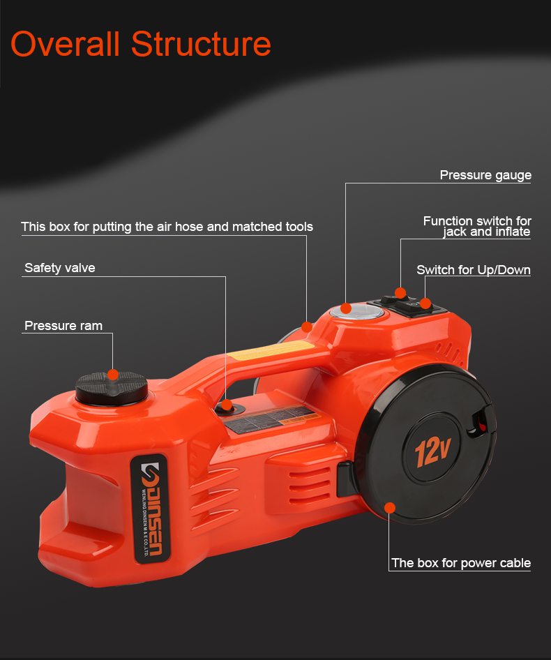 Car DC 12V Multi-Functional Electric Hydraulic Floor Jack with Inflating Pump,Design of current overload protection