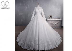 China Pure White High Collar Beading Long Tail Bridal Gown / Long Sleeve Bridal Dresses wholesale