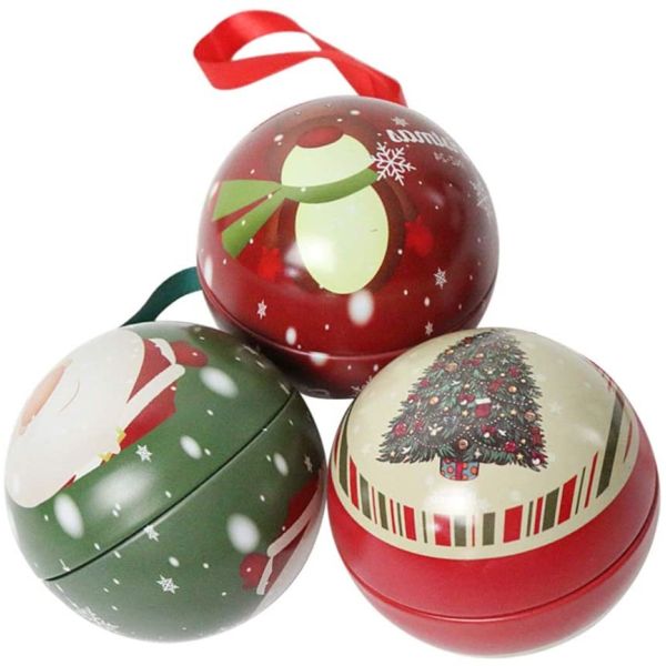 Christmas Tree Baubles Ornaments Tinplate Candy Tin Box Xmas Tree Ball Pendant Kids Holiday Surprise Gift