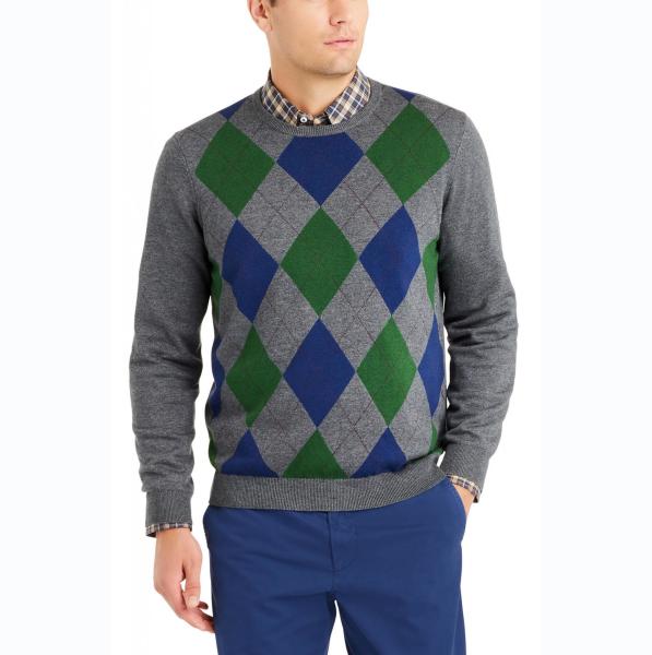 Quality Pullover Jacquard Knit Sweater With Argyle Pattern 100 Wool Material 12GG Gauge for sale
