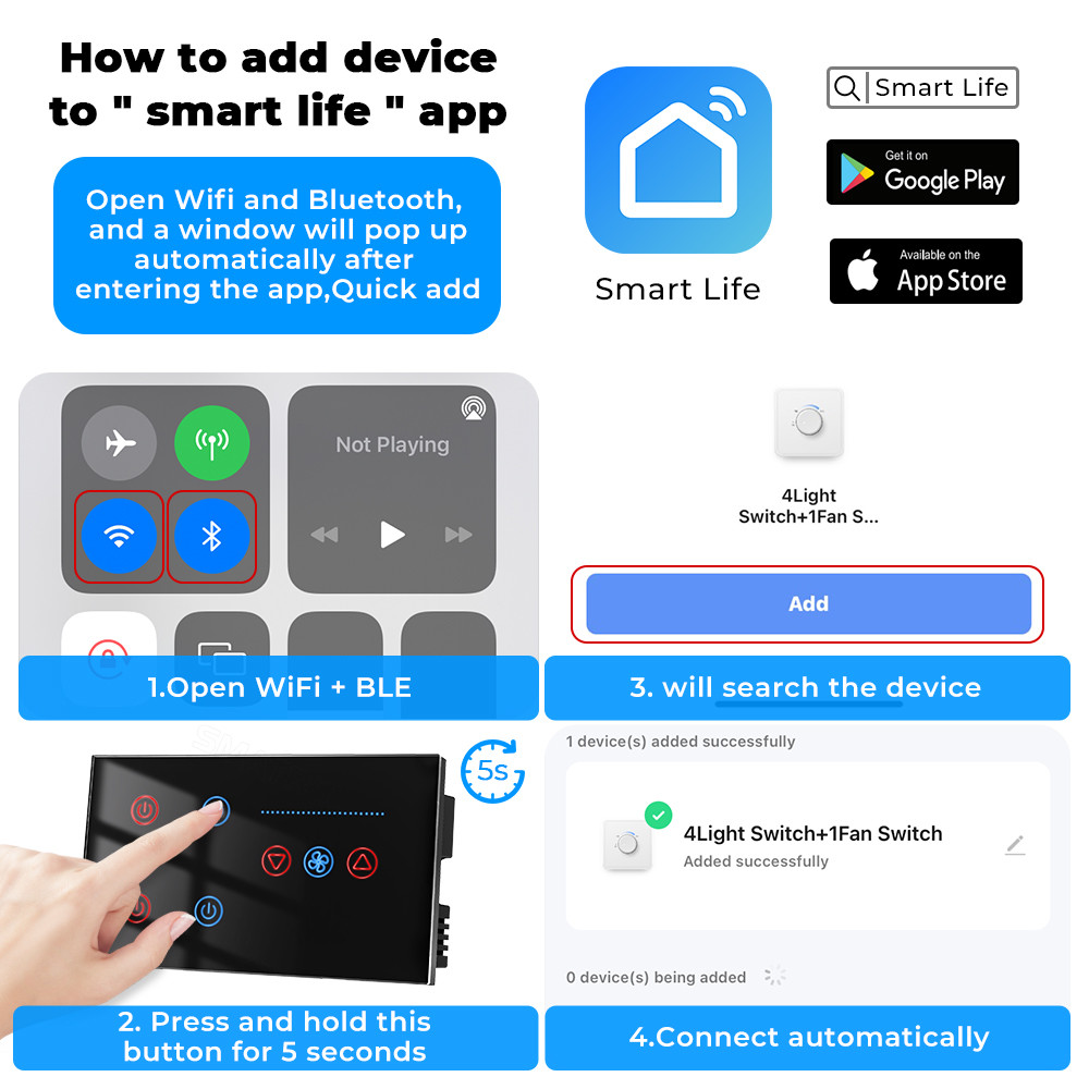 Tuya WiFi Smart Light 4 gang Switch Ceiling Fan Speed Control​​ Timer Voice Power Monitor Support Alexa Google Home Tmall Genie 100-240V