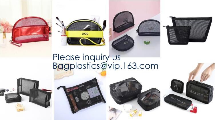 Mesh Bags Makeup Bags Cosmetic Travel Organizer Bags Mesh Zipper Pouch Pencil Case,Assorted Piped Pouches, bagease pac