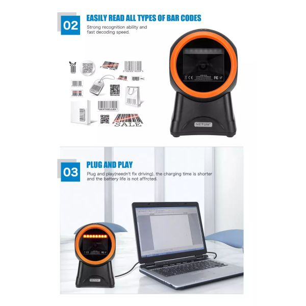 Automatic Omnidirectional Barcode Scanner Flatbed Desktop USB 2D QR Bar Code Reader