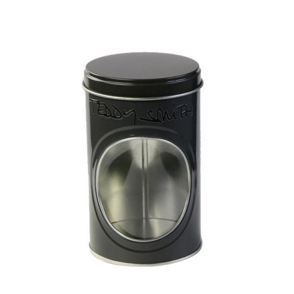 Embossed Black Tins Round Tin Box with Clear Window on Body Decorative Tin Container