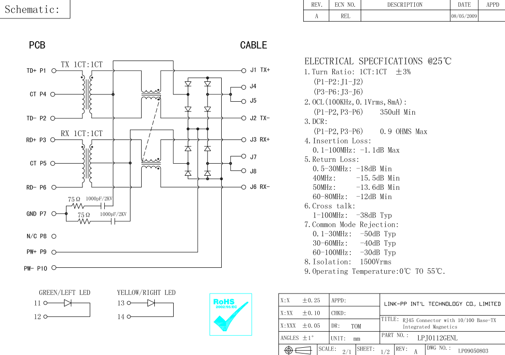 203319 RJ45 Modular Jack single Board Computer Arm LPJ0112GENL