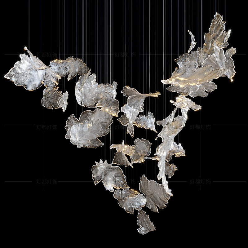 Hotel Lobby Maple Leaf Chandelier Engineered Custom Lighting Fixtures With Glass Hangings