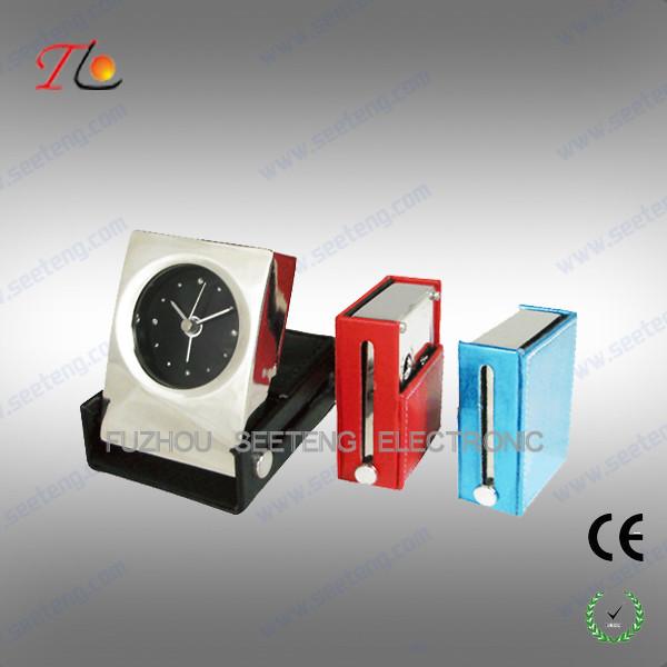 Quality Folding square leather travel table alarm clock with metal case material for sale