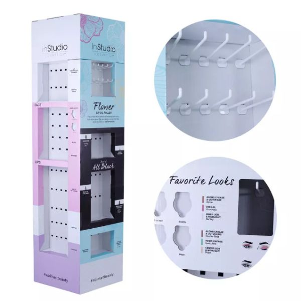 Custom Floor Makeup Cosmetics Cardboard Display Stand Paper Rack With Hooks