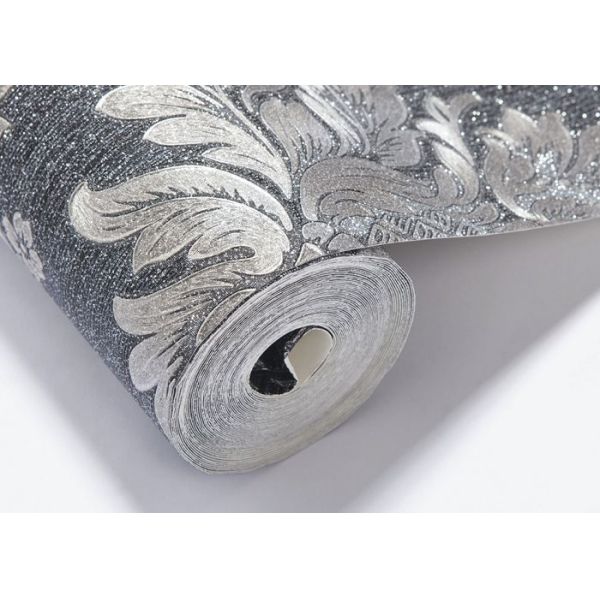 Removable Embossed Vinyl Wallpaper with Sliver and Black Damask Pattern