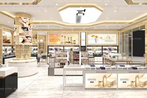 China Retail Shop Fitting Gold Rush Series Case 93sqm Cosmetic Display Design for Customized Store Display Furniture wholesale
